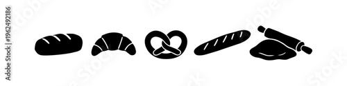 Minimalist black bakery icon set featuring bread, croissant, pretzel, baguette, and rolling pin with dough. Clean vector silhouettes isolated on a white background for menus and design.