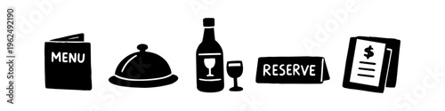 Hand-drawn black and white restaurant icons including menu, food dome, wine bottle, reserve sign, and bill. Minimalist doodle set perfect for cafe, catering, and hospitality business branding.