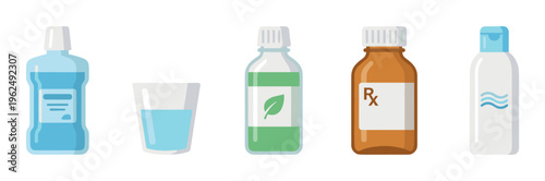 Various health and hygiene products in bottles and a glass are displayed, representing different aspects of personal care and medical treatment.