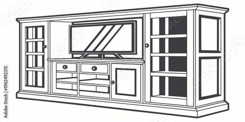 A large wooden entertainment center with a television and storage compartments