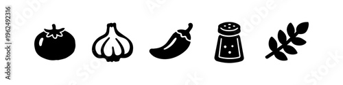 Set of minimalist black food icons featuring a tomato, garlic, chili pepper, salt shaker, and herb leaf. Ideal for kitchen, cooking, restaurant menus, and recipe design on white background.
