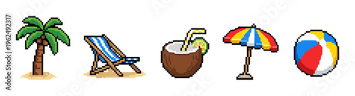 Pixel art summer beach vacation elements including a palm tree, lounge chair, coconut drink, umbrella, and beach ball for retro game design.
