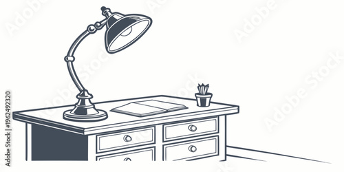 A vintage desk with a classic lamp and a small plant on top