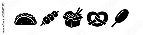 Black minimalist street food icons featuring a taco, kebab skewer, Chinese noodle box, pretzel, and corn dog. Perfect for restaurant menus, fast food branding, and modern culinary graphic design.