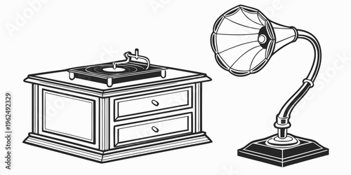 Vintage record player with horn speaker on wooden cabinet