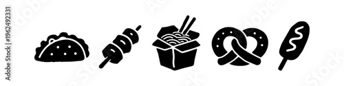 A set of five minimalist black street food icons featuring a taco, kebab, noodle box, pretzel, and corn dog. Ideal for menus, food delivery apps, and takeaway branding.