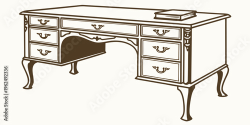 Antique wooden desk with multiple drawers and a unique design