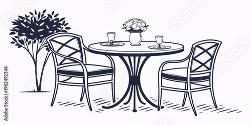 A cozy outdoor dining setup with a round table and four chairs