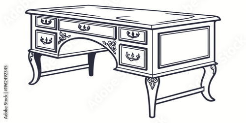 Antique wooden desk with intricate carvings and multiple drawers.