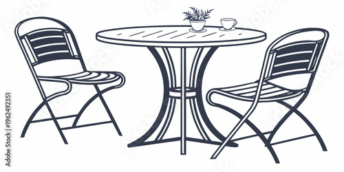 A small round table with two chairs and a potted plant on a patio.