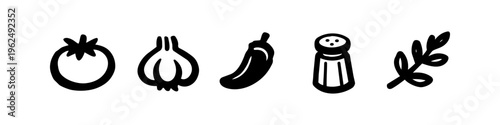 Set of minimalist hand-drawn kitchen icons featuring tomato, garlic, chili pepper, salt shaker, and herb sprig. Ideal for cooking blogs, restaurant menus, and culinary packaging design.