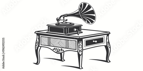 A vintage gramophone sitting on a wooden table with intricate carvings.