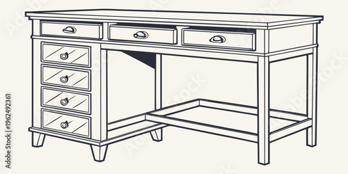 Antique wooden desk with drawers and lower shelf for office use.