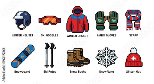 Collection of pixel art winter sports equipment and warm clothing items are neatly arranged in a grid, showcasing essential gear for cold weather activities and snow adventures.