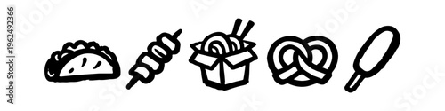 Collection of hand-drawn street food icons featuring a taco, kebab, noodle box, pretzel, and corn dog. Simple black line art illustrations on a white background for menu and food design.