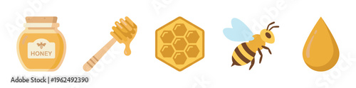 Honey bee honeycomb dipper jar drop collection of sweet natural elements and symbols perfect for food, nature, and healthy lifestyle concepts.