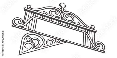 Intricate black and white decorative ironwork design with ornate details