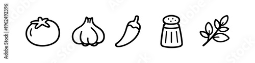 Collection of minimalist black line icons for cooking ingredients: tomato, garlic, chili, salt, and herbs. Ideal for food blogs, recipe books, and kitchen-themed graphic design projects.