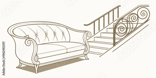 An elegant chaise lounge positioned at the bottom of a spiral staircase.