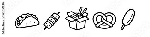 Collection of five clean black and white line art icons featuring popular street foods: taco, kebab skewer, noodle takeout box, pretzel, and corn dog. Ideal for menus or food apps.