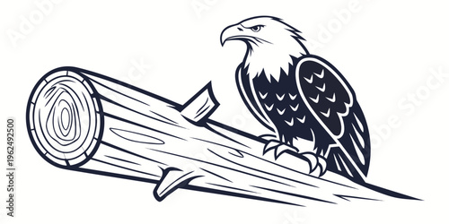 Majestic eagle perched on a weathered wooden log in a serene forest setting