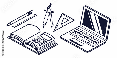 A student's desk with a laptop, notebook, and various school supplies.