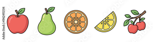 Colorful cartoon fruit collection featuring various fresh healthy produce like apples, a pear, and citrus slices in a vibrant illustration.