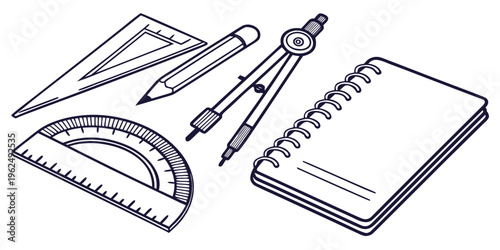 A variety of drafting and drawing tools laid out on a notepad