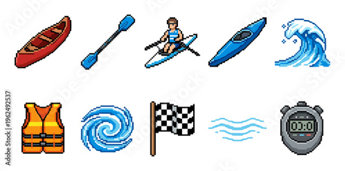 Water sports pixel art icons collection features various elements for canoeing, kayaking, and competitive aquatic activities in a retro game style.