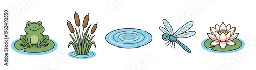 Pond life elements collection featuring a happy frog on a lily pad, cattails, water ripples, a dragonfly, and a beautiful water lily.