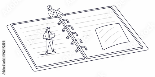 A detailed illustration of a man climbing a ladder towards a bird on an open book