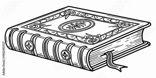 An intricately designed old book with a leather cover and a ribbon marker