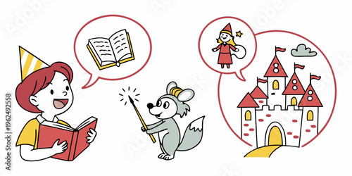 A whimsical scene featuring a girl, a dog, and a castle with magical elements