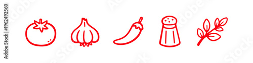 Red line art icons of cooking ingredients including tomato, garlic, chili pepper, salt shaker, and herbs, isolated on white. Simple vector doodles for kitchen and culinary themes.