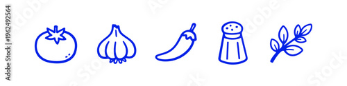Minimalist blue line art icons of cooking ingredients including tomato, garlic, chili pepper, salt shaker, and herbs. Clean hand-drawn vector elements for culinary and kitchen-themed designs.