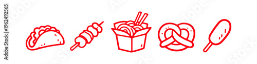 Hand-drawn red line art icons of street food favorites including a taco, kebab, noodle box, pretzel, and corn dog. Fun minimalist doodles for menus, snack bars, and food festivals.