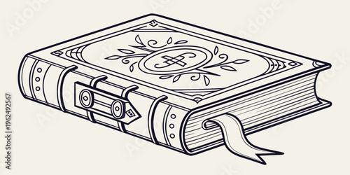 An intricately designed book with a decorative cover and a ribbon marker.