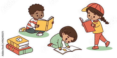 Four children are reading and writing in a colorful and educational environment.