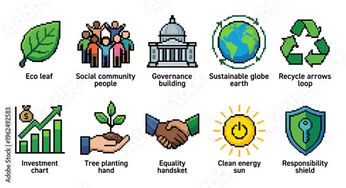 These pixel art icons represent various aspects of environmental, social, and governance principles for sustainable business and corporate responsibility.