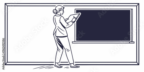 A person is standing in front of a large window, holding a piece of paper.