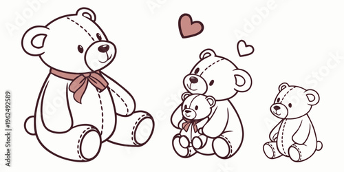 Three adorable teddy bears with hearts floating around them in a charming illustration
