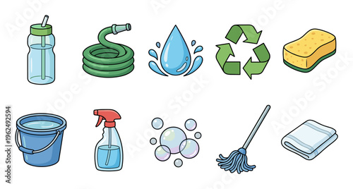 Various cleaning and water related icons collection featuring essential household items for hygiene, sustainability, and daily hydration needs.