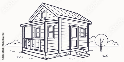 A charming, small wooden house with a porch and a tree in the background