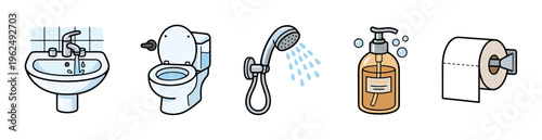 Bathroom items collection of essential hygiene and sanitation products, including a sink, toilet, shower, soap, and toilet paper, presented in a clean cartoon style.
