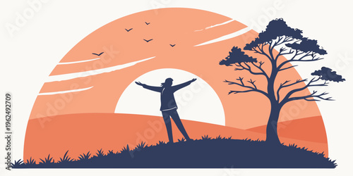 A person standing on a hill with arms raised, enjoying a beautiful sunset