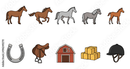 Various horses and equestrian farm elements are depicted in a charming cartoon style, illustrating different aspects of horse riding and stable life.