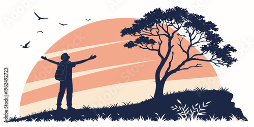 A silhouette of a person standing under a tree with birds flying in the sunset sky