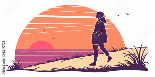 A lone traveler walks along a beach at sunset, leaving footprints in the sand.