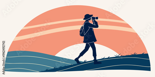 A silhouette of a person with a camera capturing a scenic sunset over the ocean