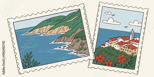 Two vintage postcards depicting a picturesque coastal village and a vibrant garden.
